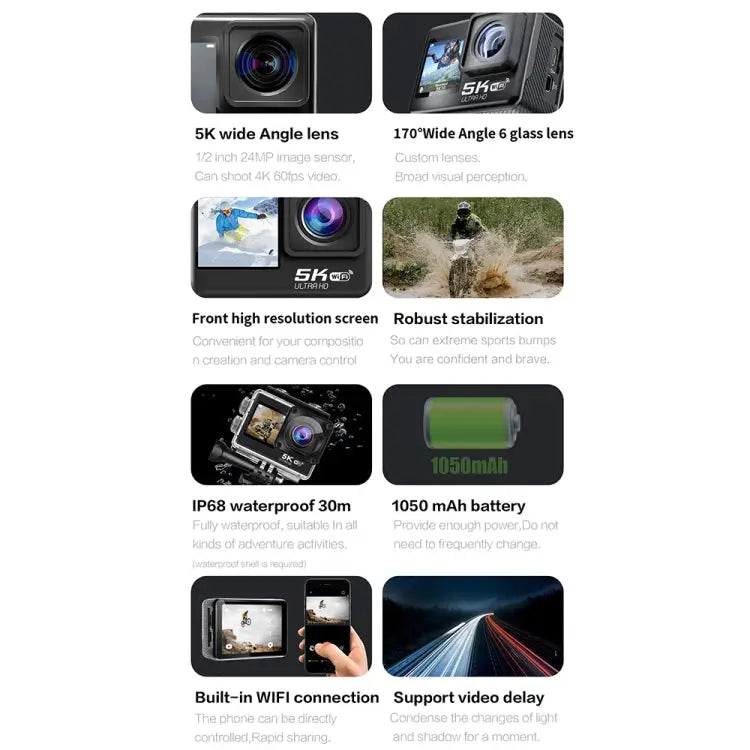5K/30FPS WIFI HD Anti-Shake Remote Touch Dual-Screen IP68 Waterproof Sports Camera, Style: Camera+128G Card