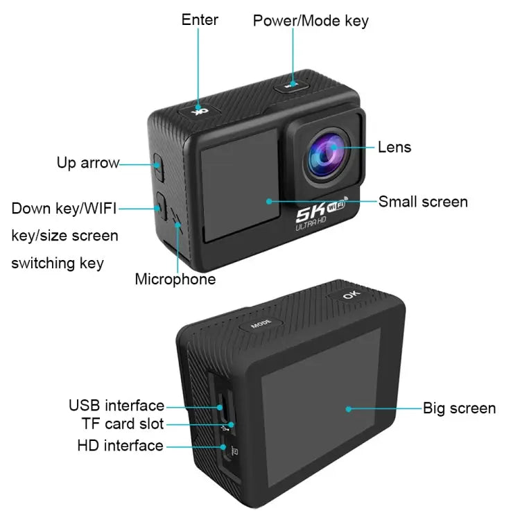 5K/30FPS WIFI HD Anti-Shake Remote Touch Dual-Screen IP68 Waterproof Sports Camera, Style: Camera+128G Card