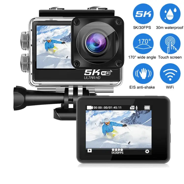 5K/30FPS WIFI HD Anti-Shake Remote Touch Dual-Screen IP68 Waterproof Sports Camera, Style: Camera+128G Card